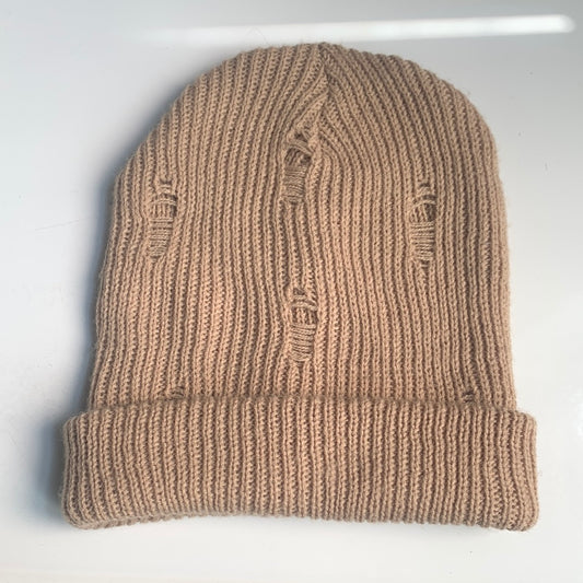 Beige Distressed Winter Hat