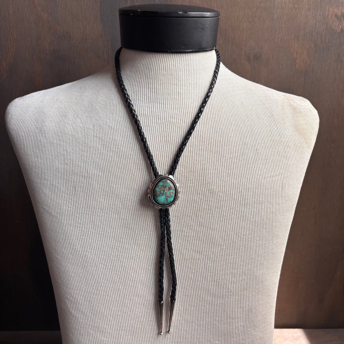 Signed Austin Garcia Turquoise Bolo on Black Leather Tie