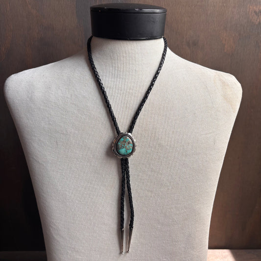 Signed Austin Garcia Turquoise Bolo on Black Leather Tie