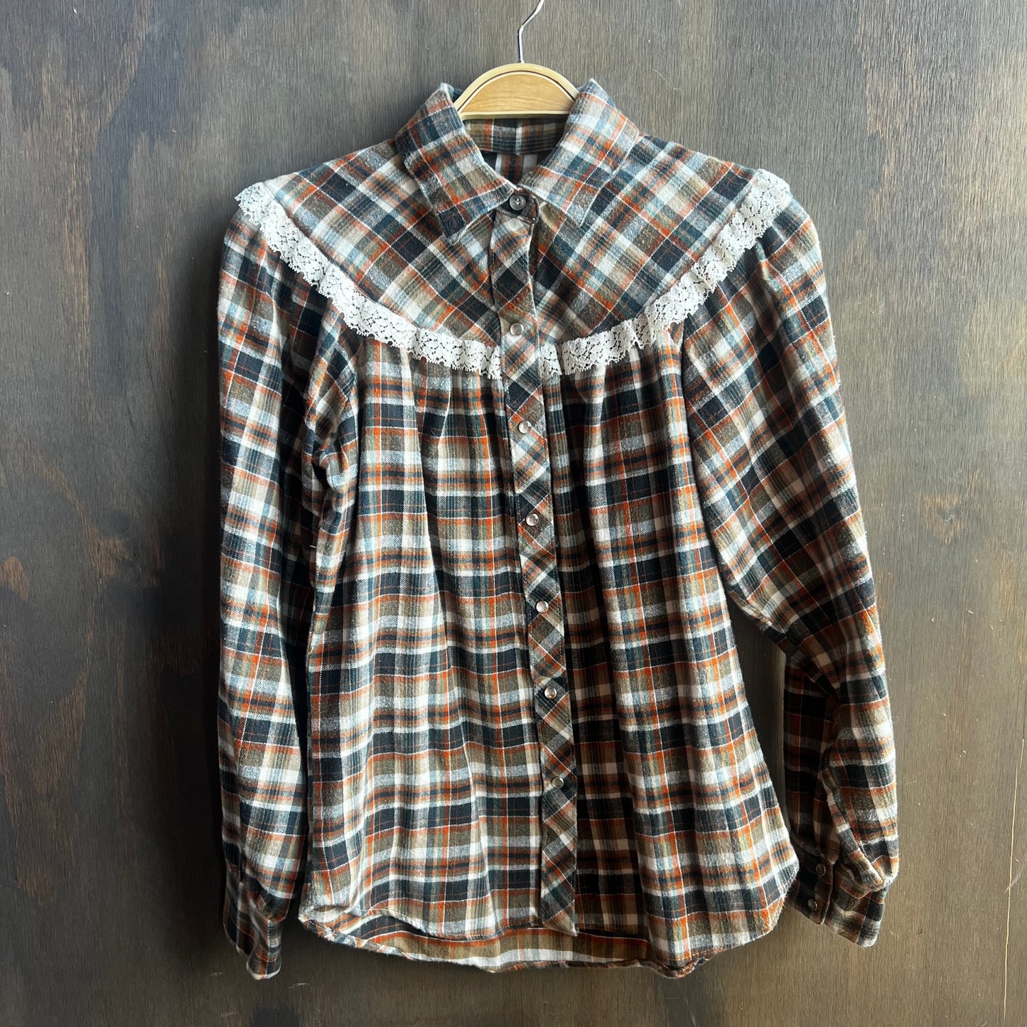 Orange and Blue Plaid Pearl Snap with Lace Trim