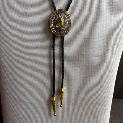 Hollywood Style "J" Bolo on Black Leather Tie