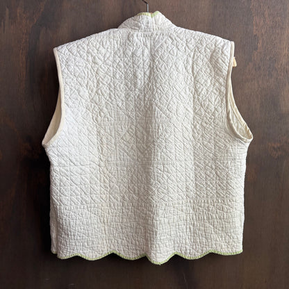 Vintage White Quilt Vest with Green Trim