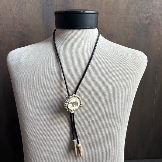 Bear Bolo on Black Leather Tie