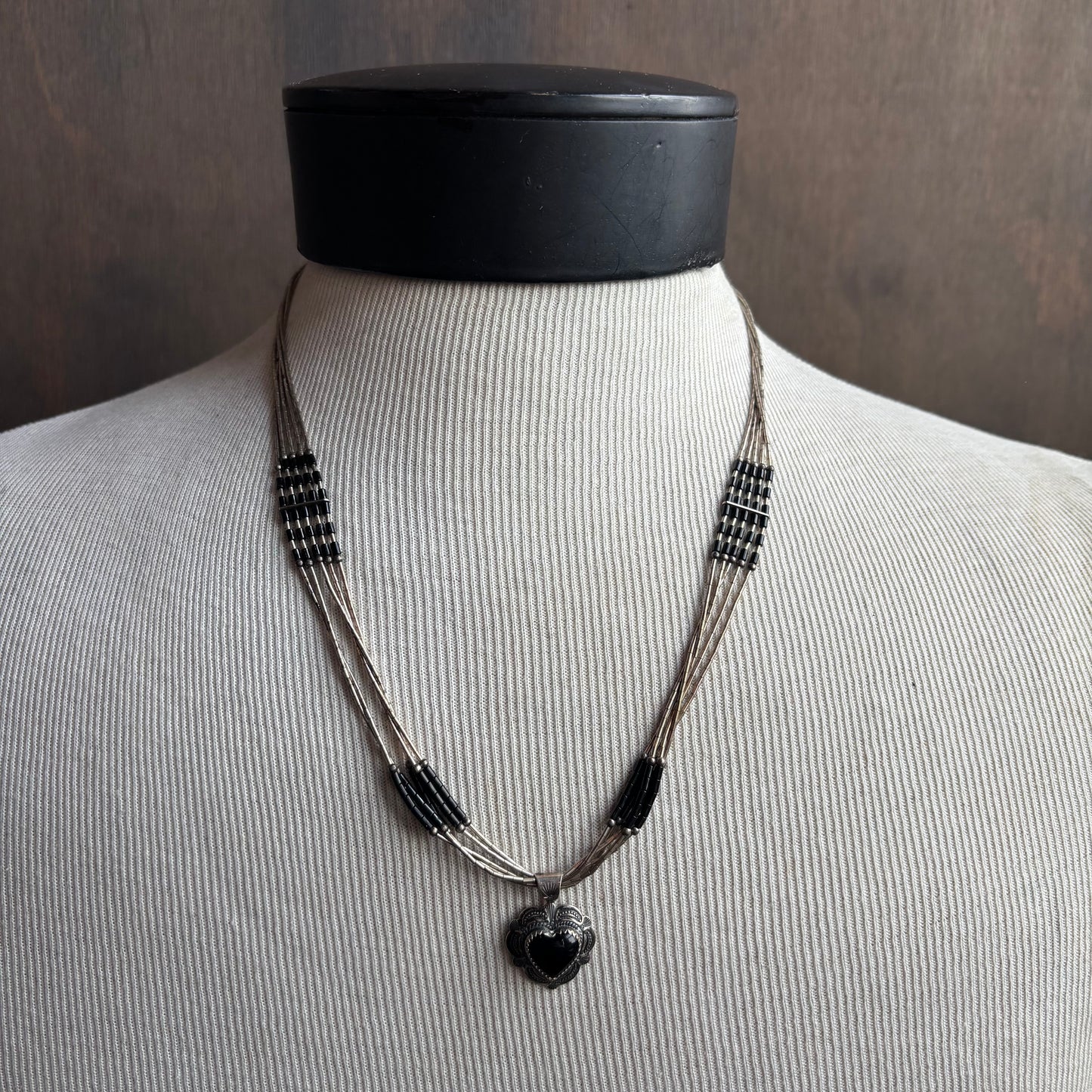 Silver and Black Beaded Necklace with Heart Pendant