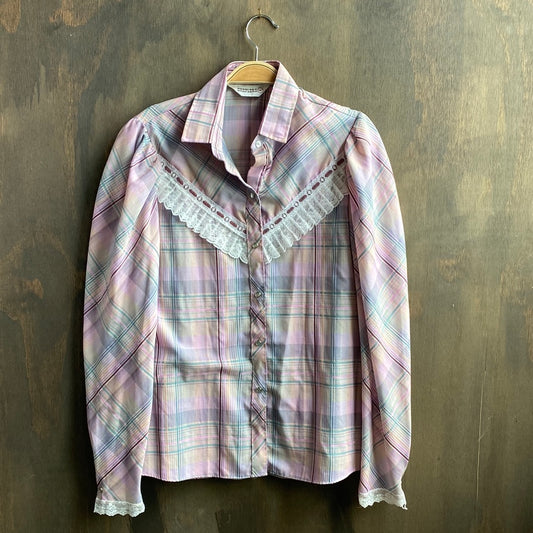 Vintage Sheplers pastel plaid and lace button down