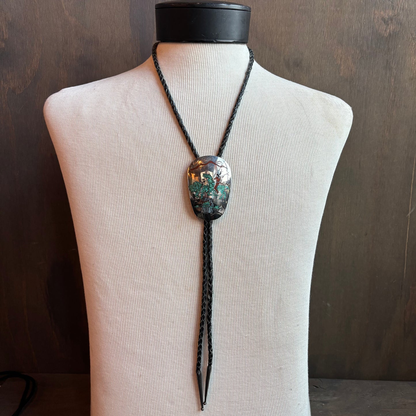 Sterling Turquoise Chip Bolo on Black Leather Tie