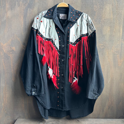 Black and Red Bedazzled Denim Shirt Dress