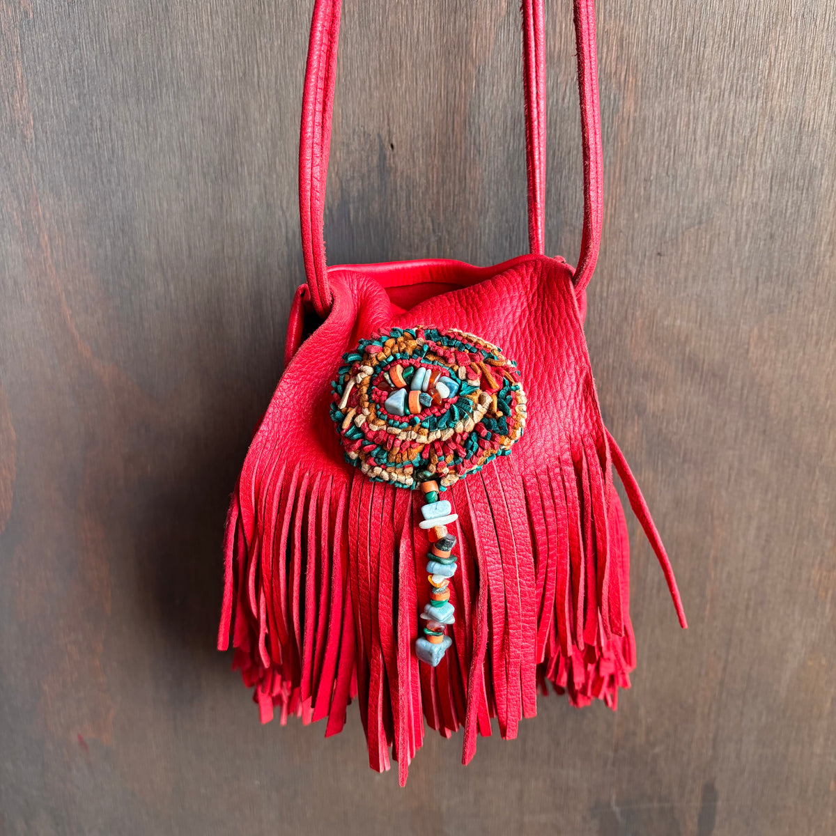 Red Leather Pouch with Fringe