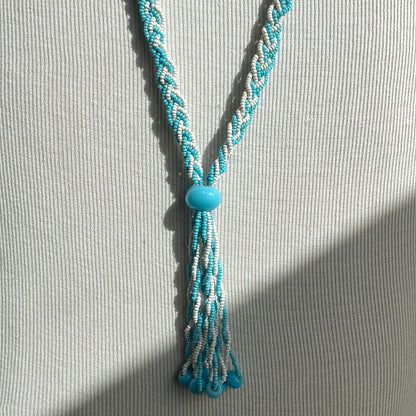 Blue and white beaded braided long necklace