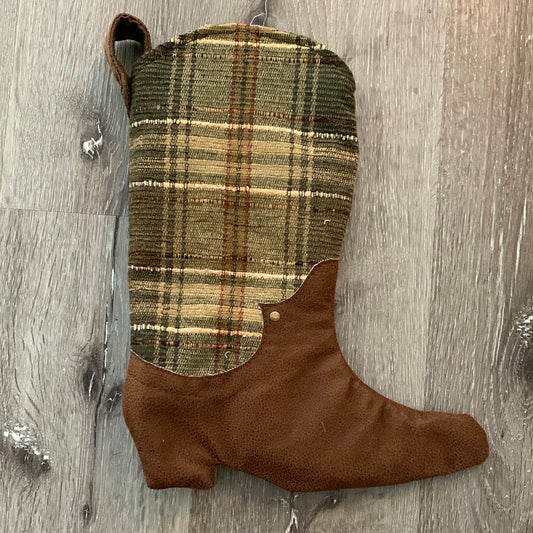 Green plaid woven Cowboy Boot Christmas stocking