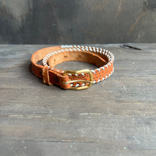 Brown leather kids belt with white wrapped sides