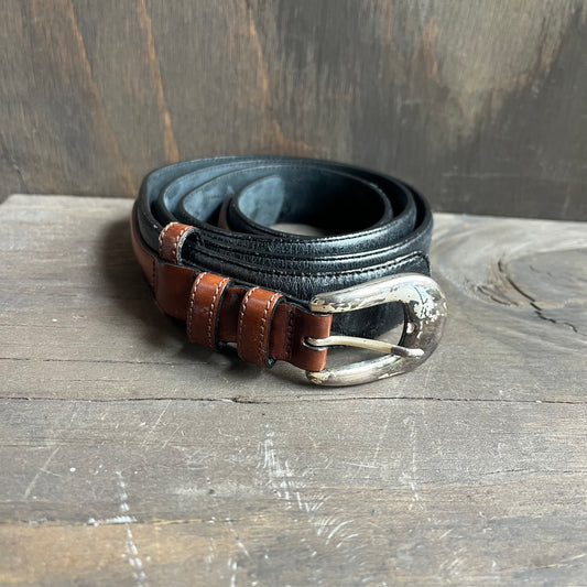 Two-Tone Leather Belt with Silver Buckle