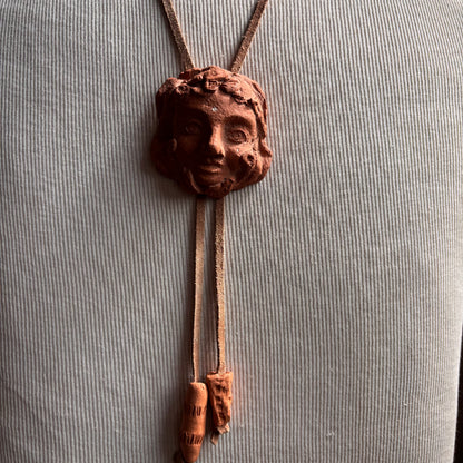 Handmade Ceramic Face Bolo on Leather Cord