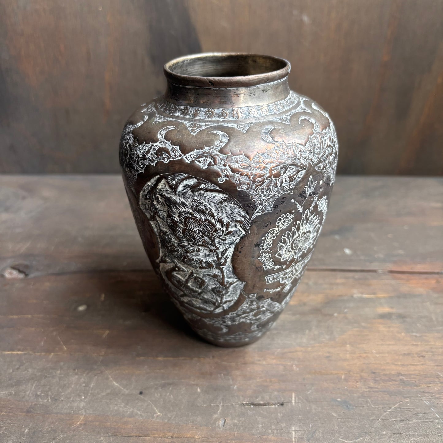 Vintage Tooled Metal Urn