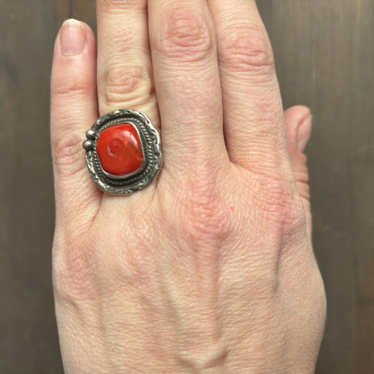 Silver Square Ring with Coral