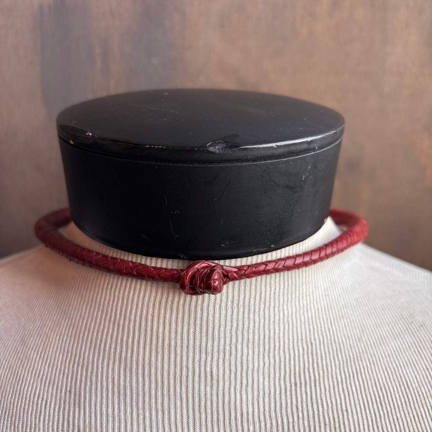 Mac Warman Vintage Brass Triple Horseshoe Medallion Red Leather Collar Necklace