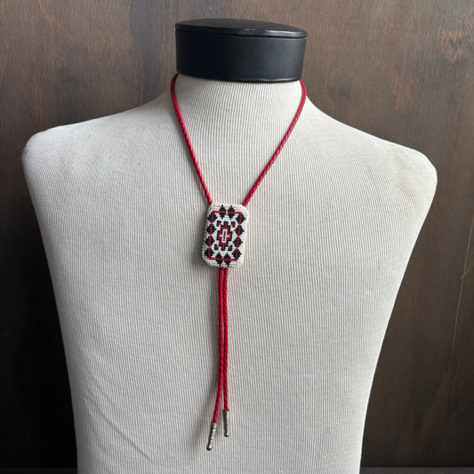 Handmade Beaded Bolo on Red Leather Tie