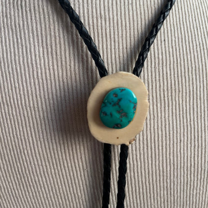 Black tie with wood and turquoise bolo