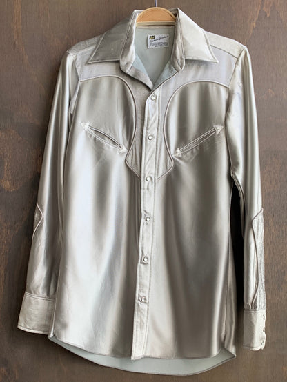 Vintage Metallic silver Western pearl snap button up