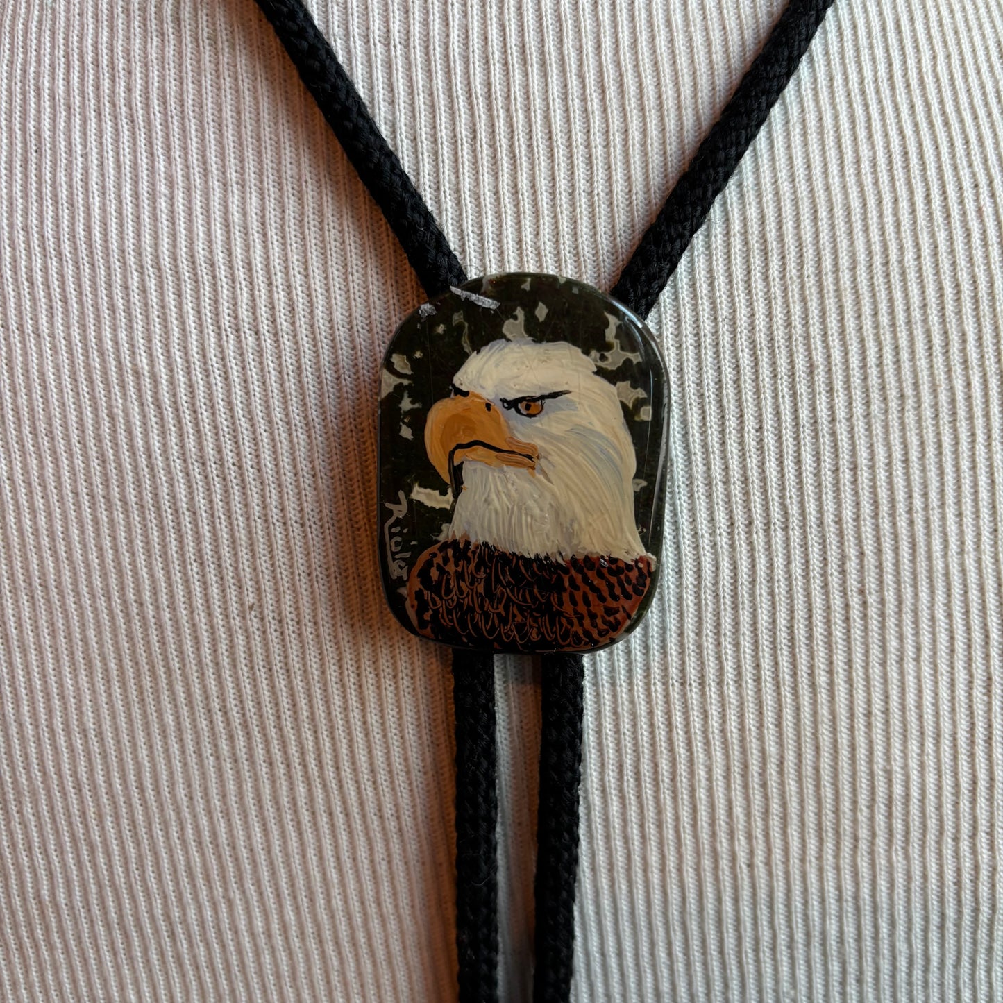 Hand Painted Bald Eagle Bolo on Black Tie