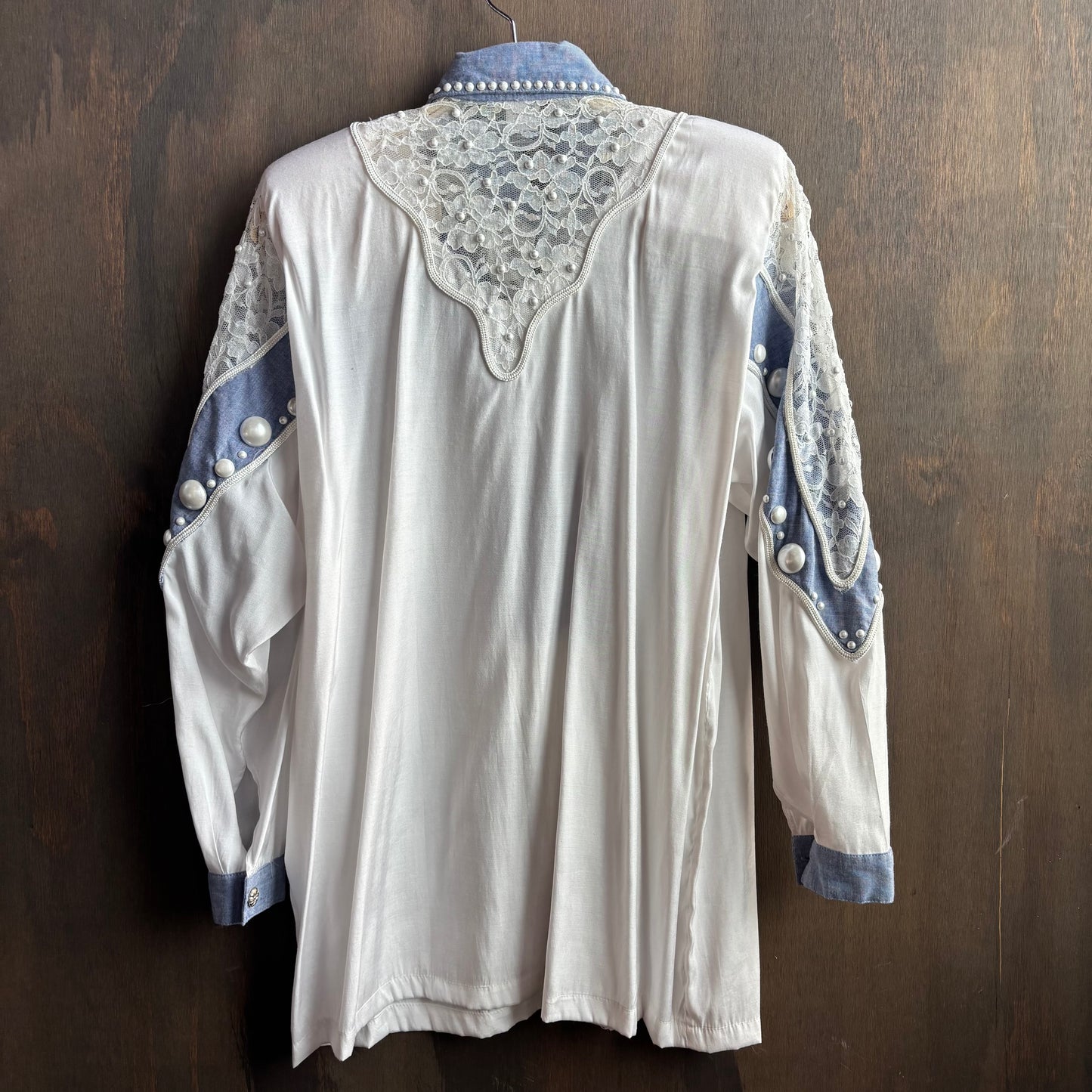 Vintage Denim Shirt with Pearls and Lace