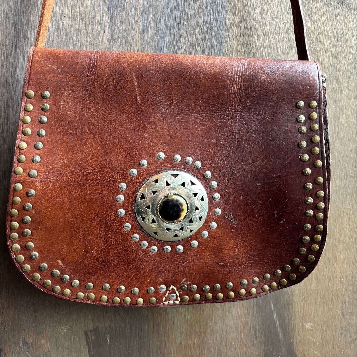 Brown Leather Bag with Faux Stone