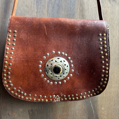 Brown Leather Bag with Faux Stone