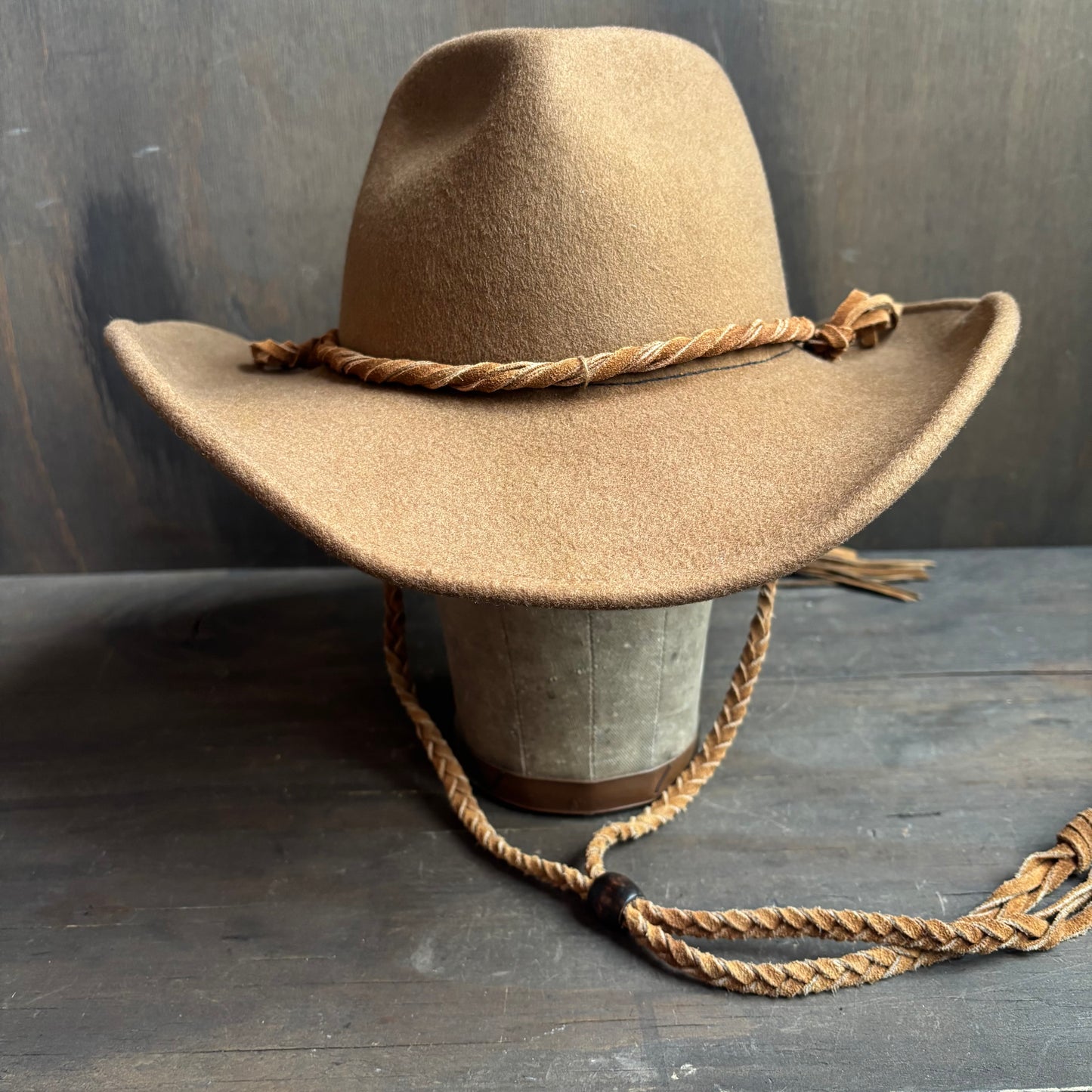 Tan Wool Hat with Braided Band and Chin Strap