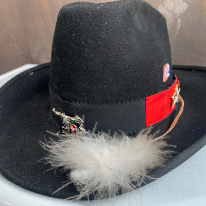 Black Felt Ranger Hat with Pins and a feather