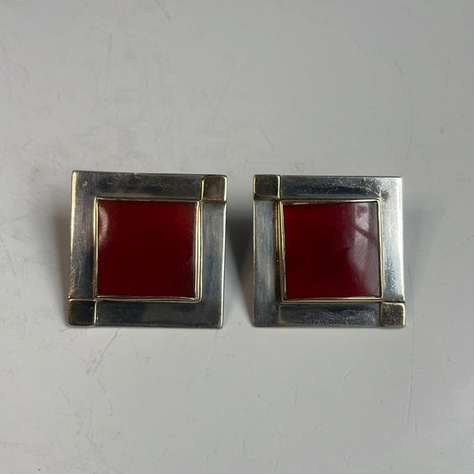 Red Carnelian Square Clip On Earrings