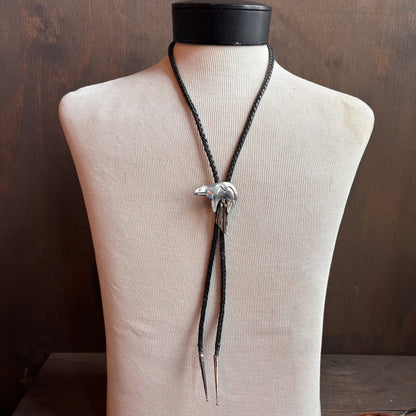 Vintage Silver Bear Bolo on Black Leather Tie