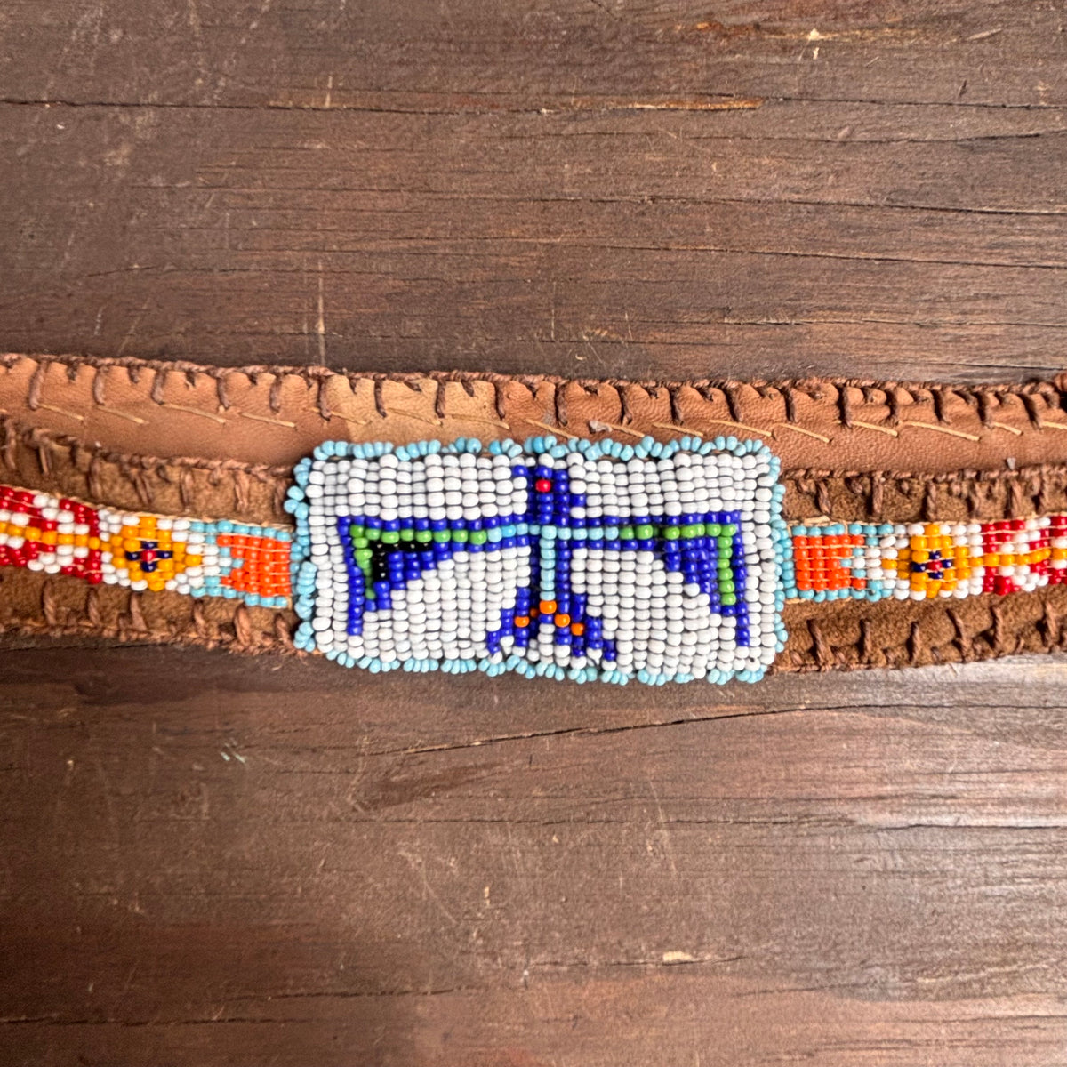 Vintage Leather Beaded Thunderbird Hat Band