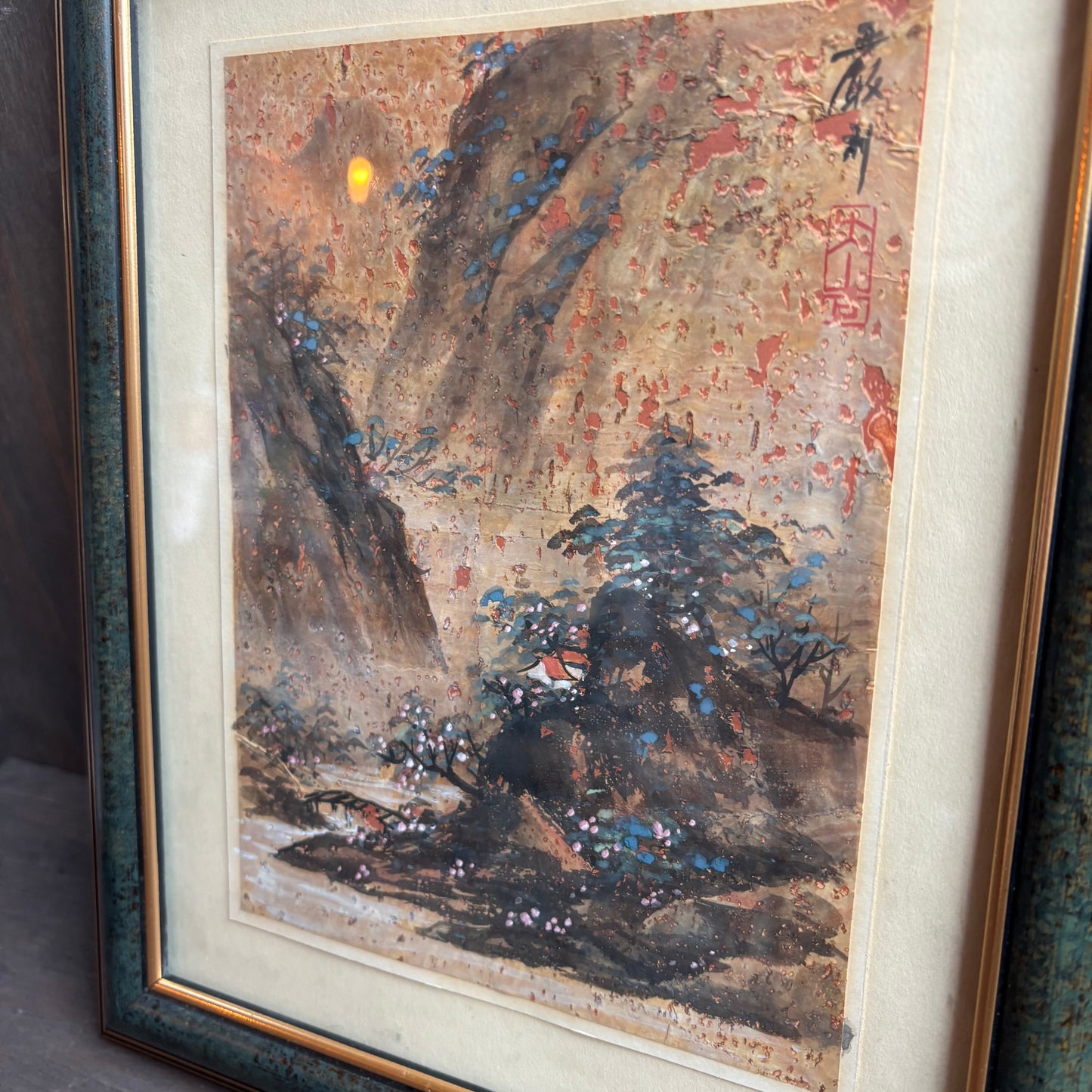 Chinese Landscape on Cork in Green Frame