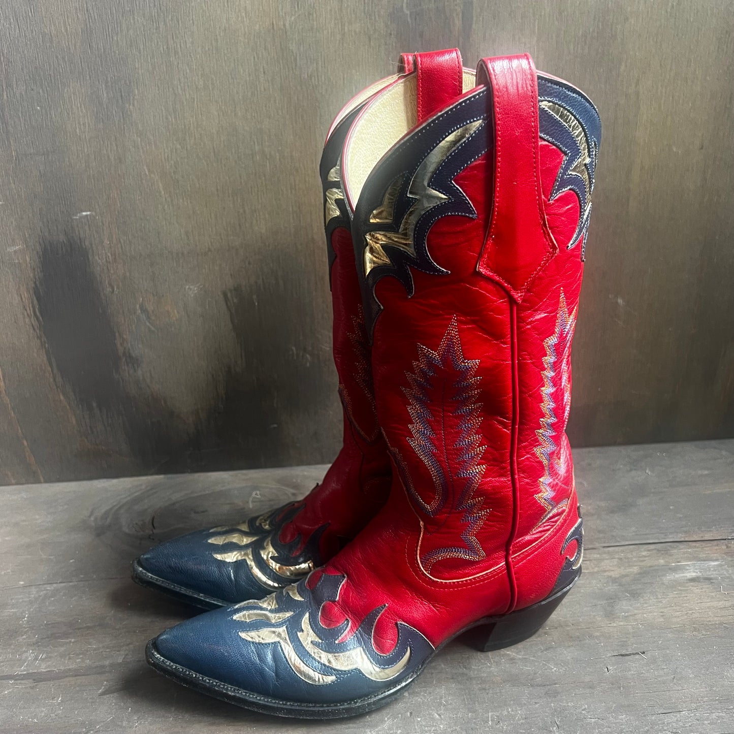 Larry Mahan Red, Blue, and Gold Leather Boots