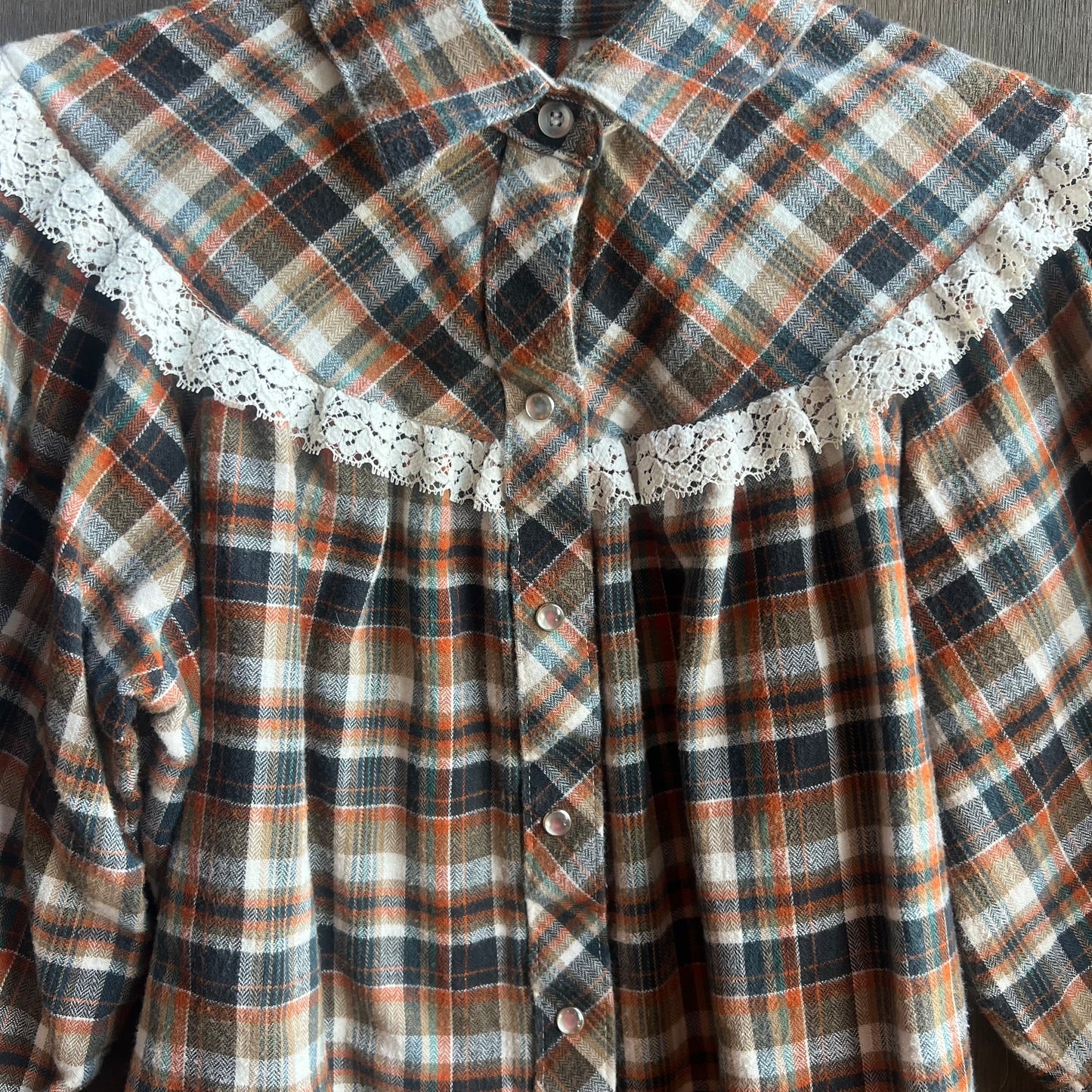 Orange and Blue Plaid Pearl Snap with Lace Trim