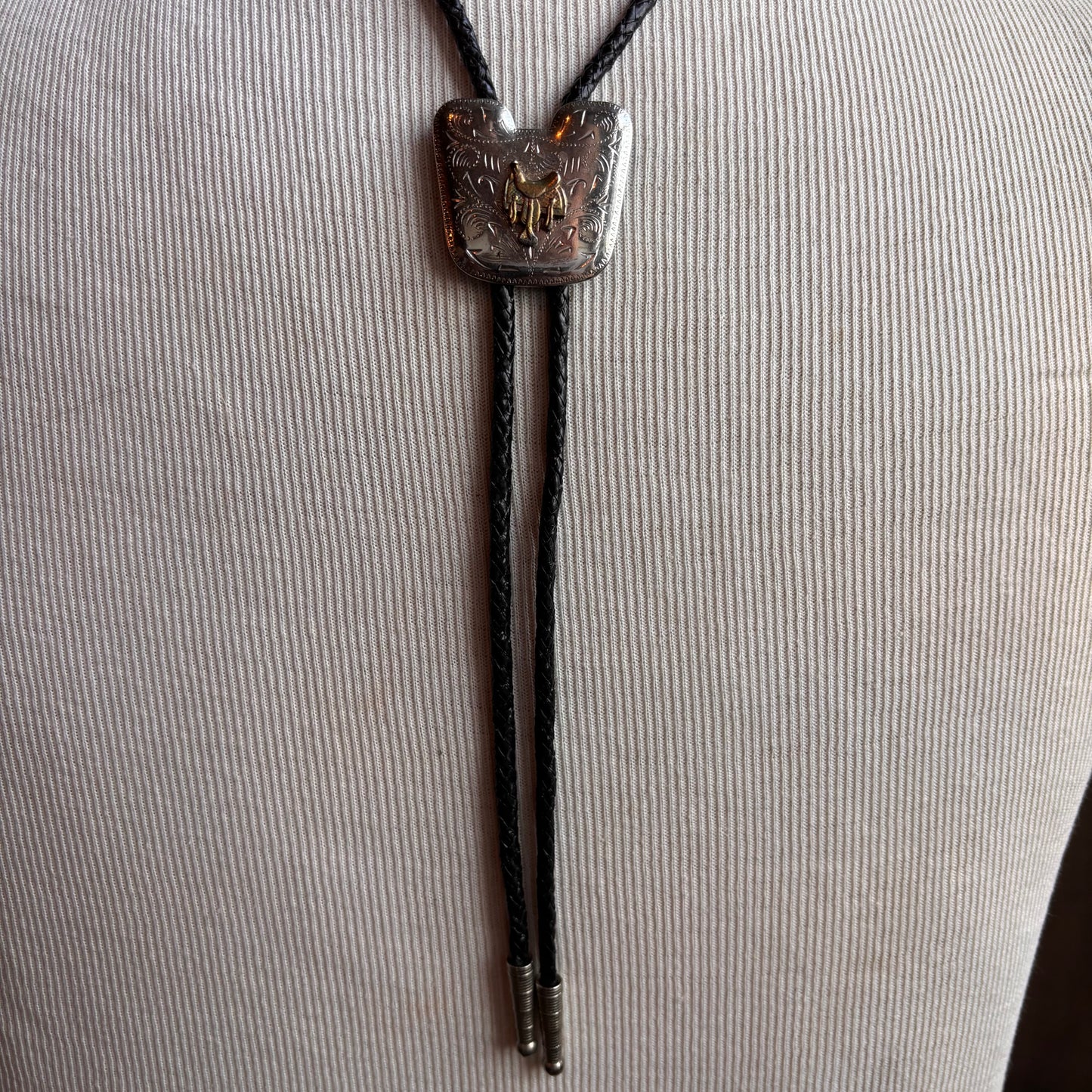 Vintage Hollywood Style Saddle Bolo on Black Leather Tie