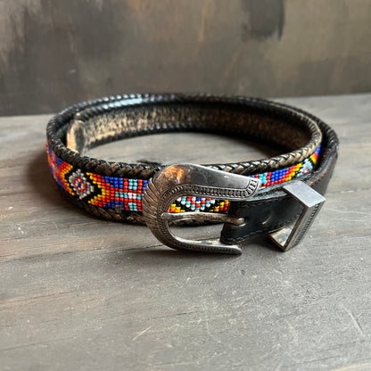 Beaded Aztec 1990s black leather belt