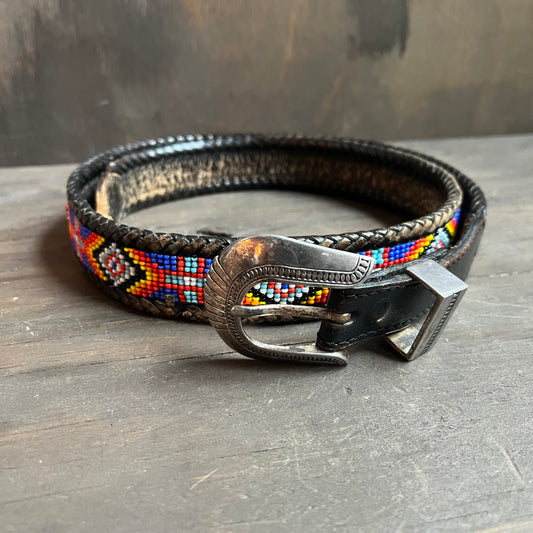 Beaded Aztec 1990s black leather belt