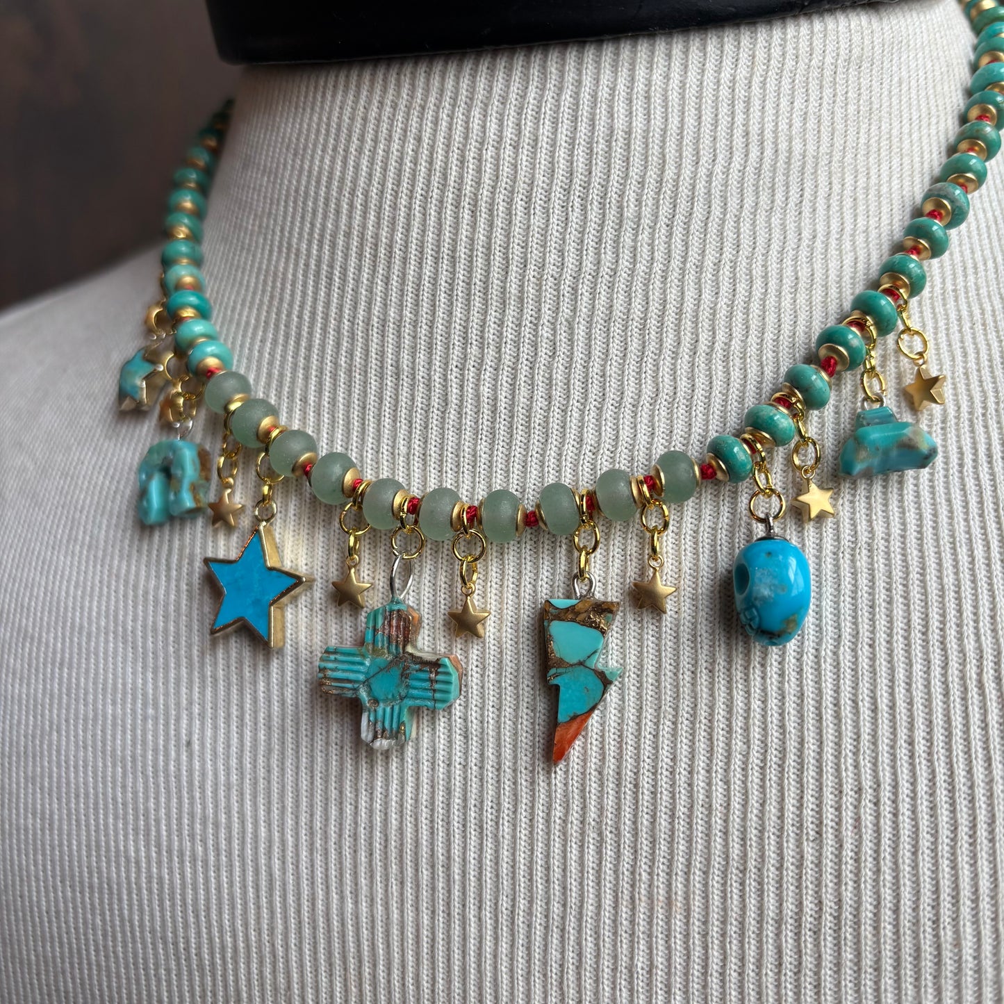 Ostrich Moon Turquoise Balanced Cross Necklace