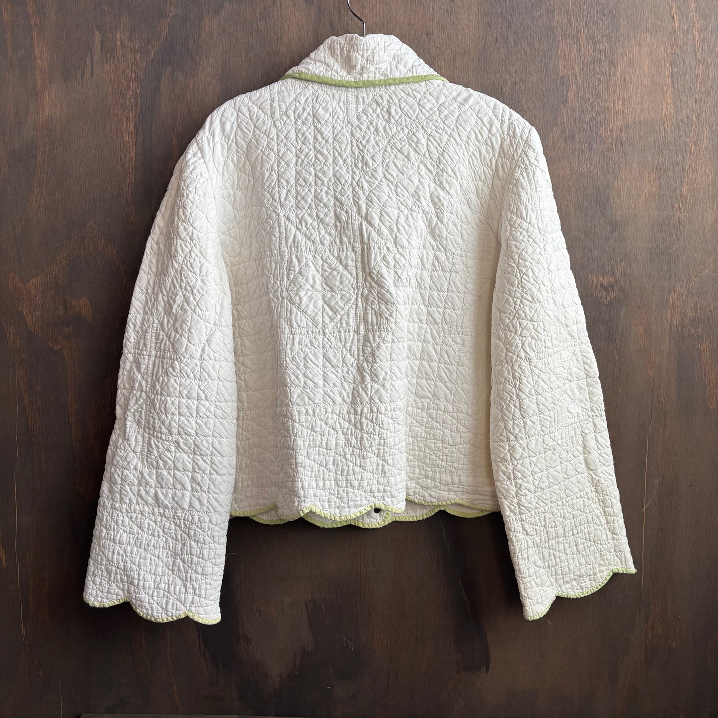 Vintage White Cropped Quilt Jacket with Green Trim