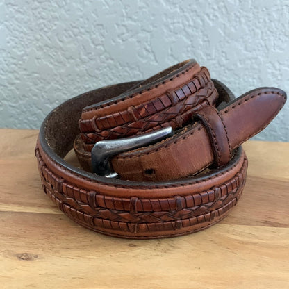 Brown leather braided belt with silver buckle