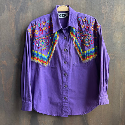 Purple Embellished Button Up with Beaded Fringe
