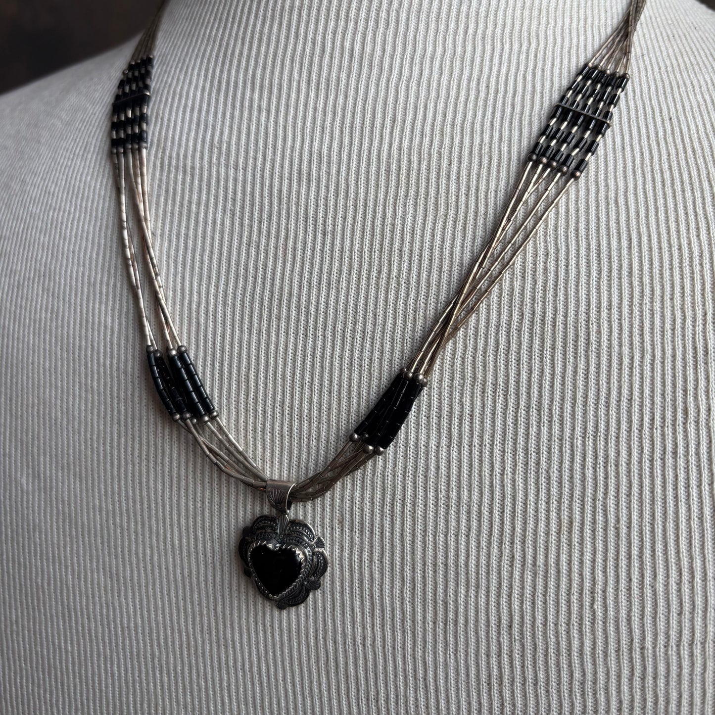 Silver and Black Beaded Necklace with Heart Pendant