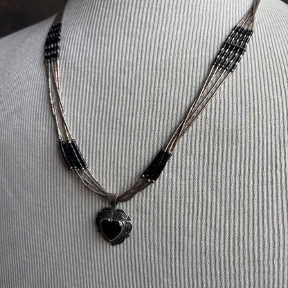 Silver and Black Beaded Necklace with Heart Pendant