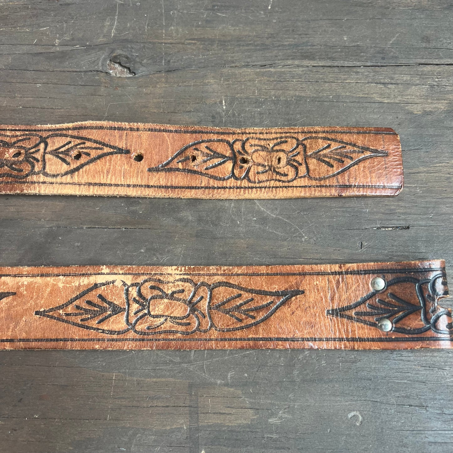 Leather Belt with Black Floral Pattern