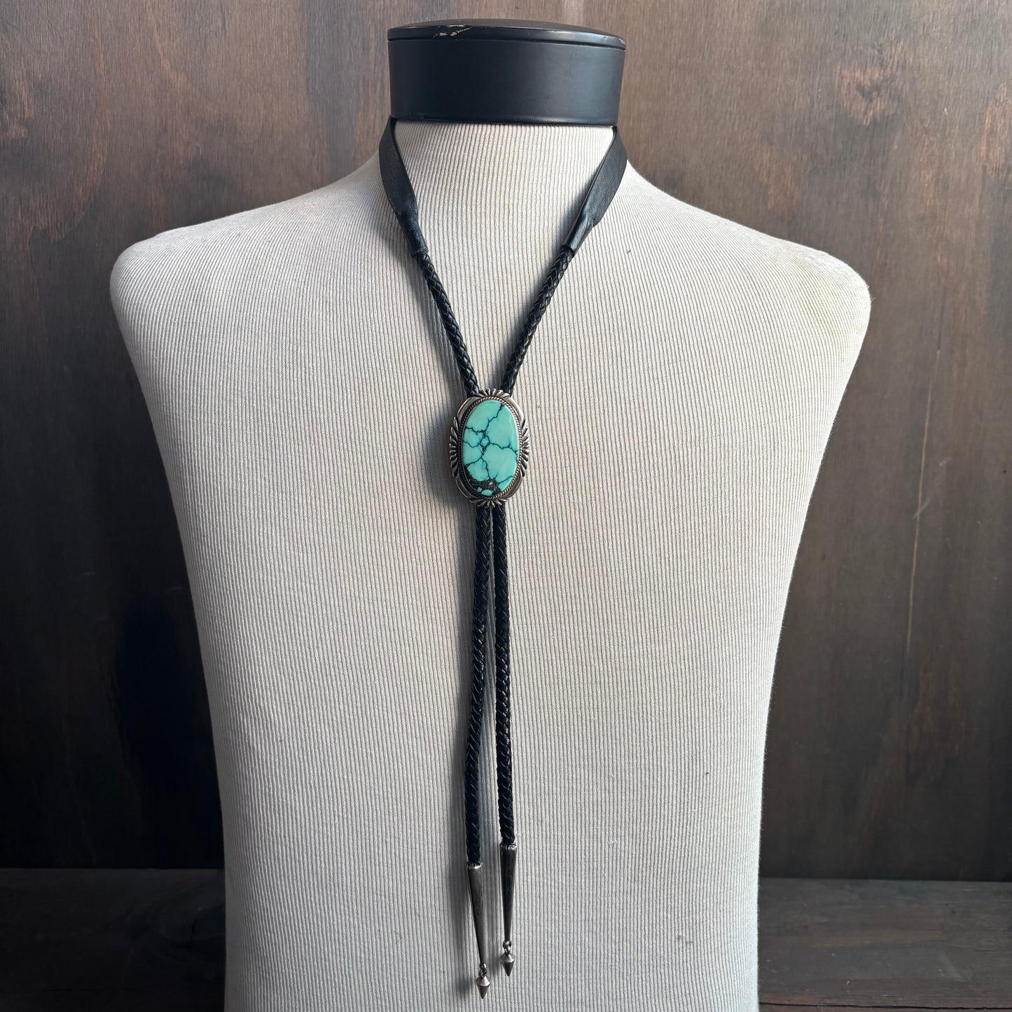 Chunky Turquoise Oval Bolo on Black Tie