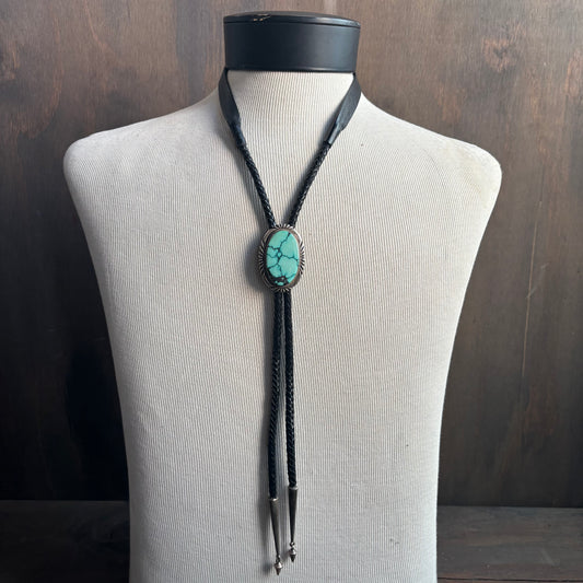 Chunky Turquoise Oval Bolo on Black Tie