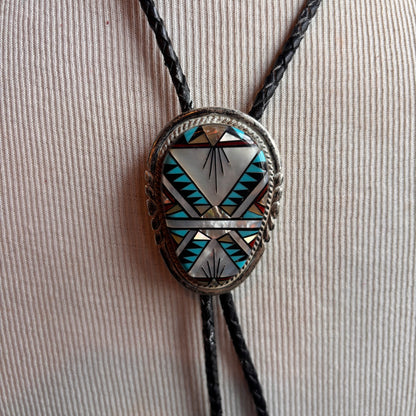 Vintage Abalone and Turquoise Bolo and Black Leather Tie