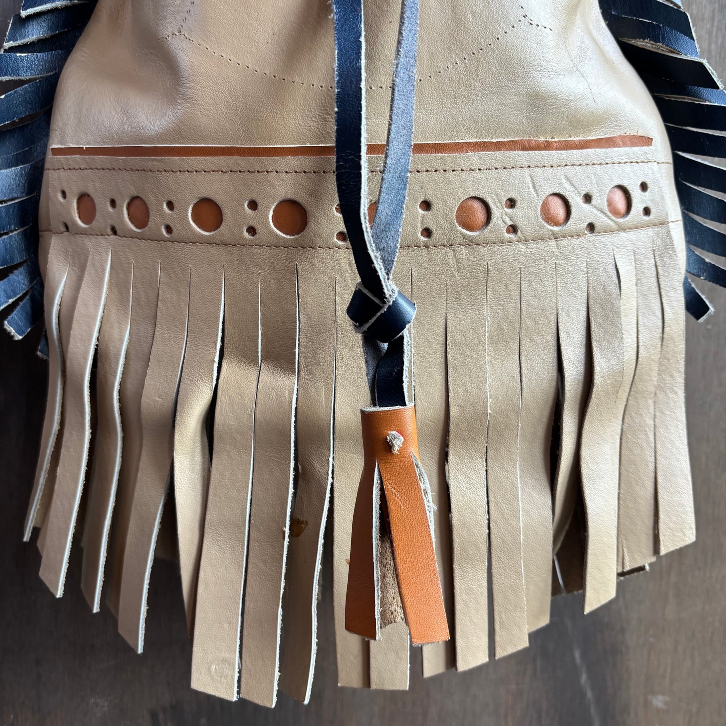 Beige and Navy Leather Fringe Bag