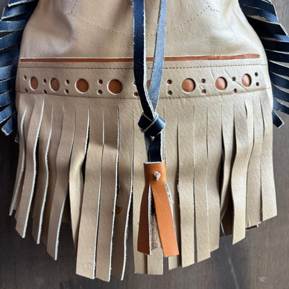 Beige and Navy Leather Fringe Bag